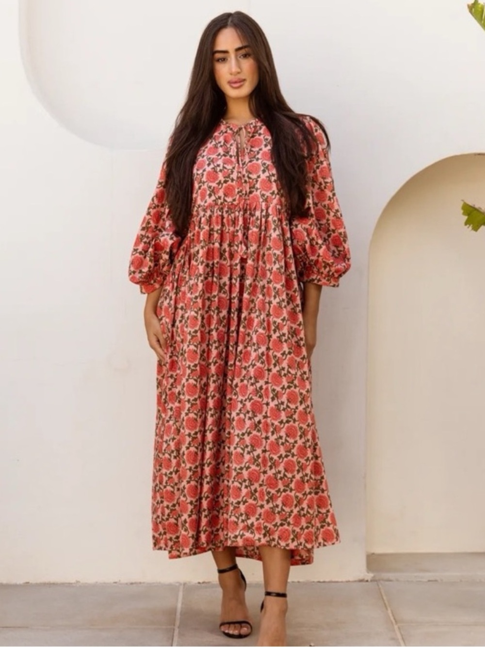 House of Sundar Cotton Floral Block Print Kaftan Midi Pink Dress Medium Saffron